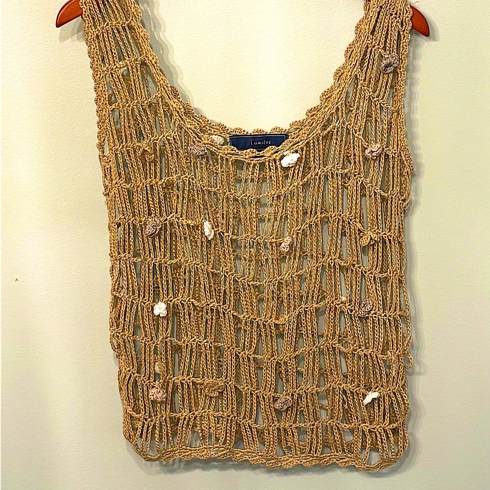 Lumiere Womens Tan Crochet Open Knit Sleeveless Top 3D Floral Applique Large